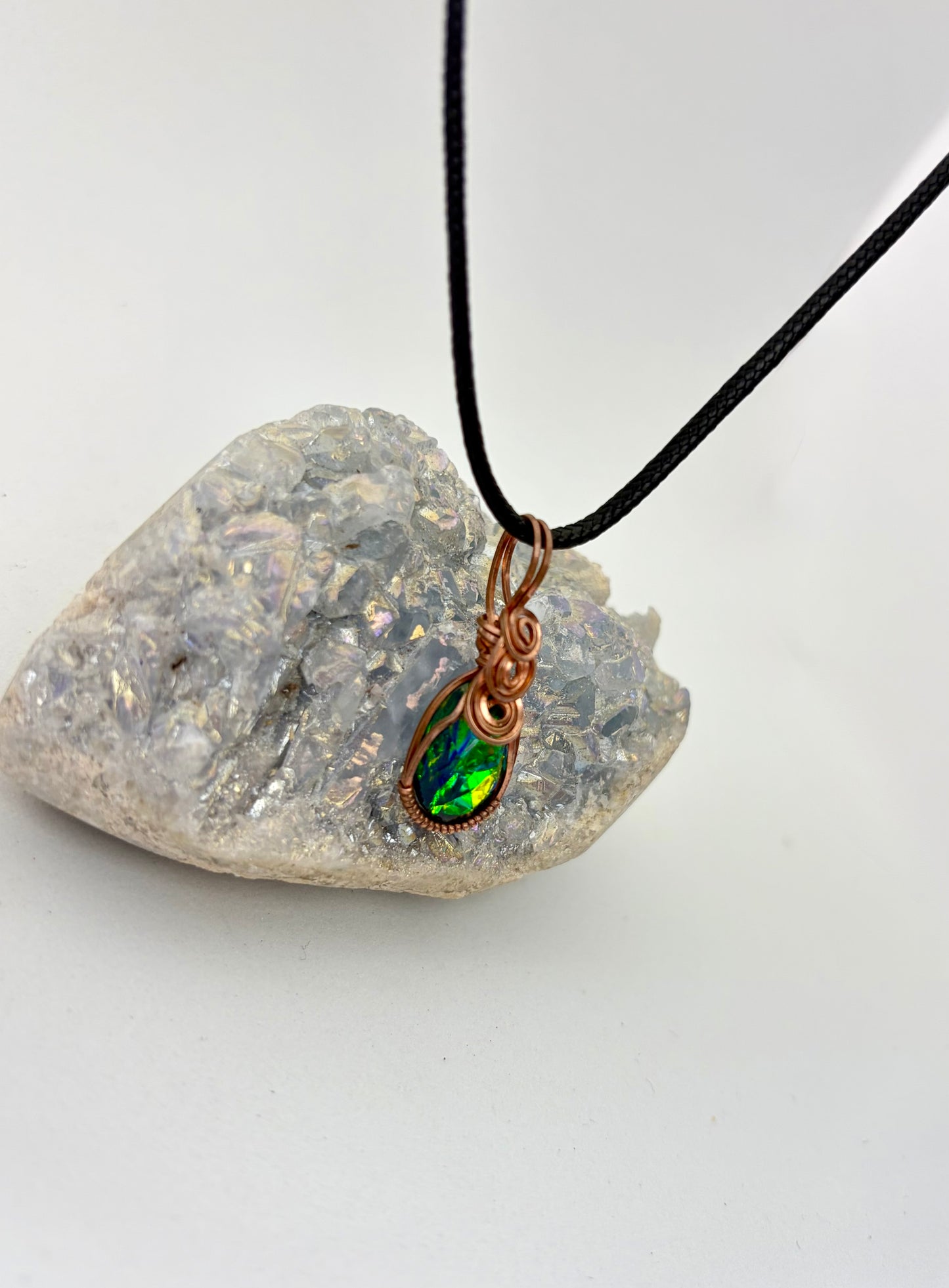 Wire Wrapped Resin Faux Opal Necklace, Copper Wire