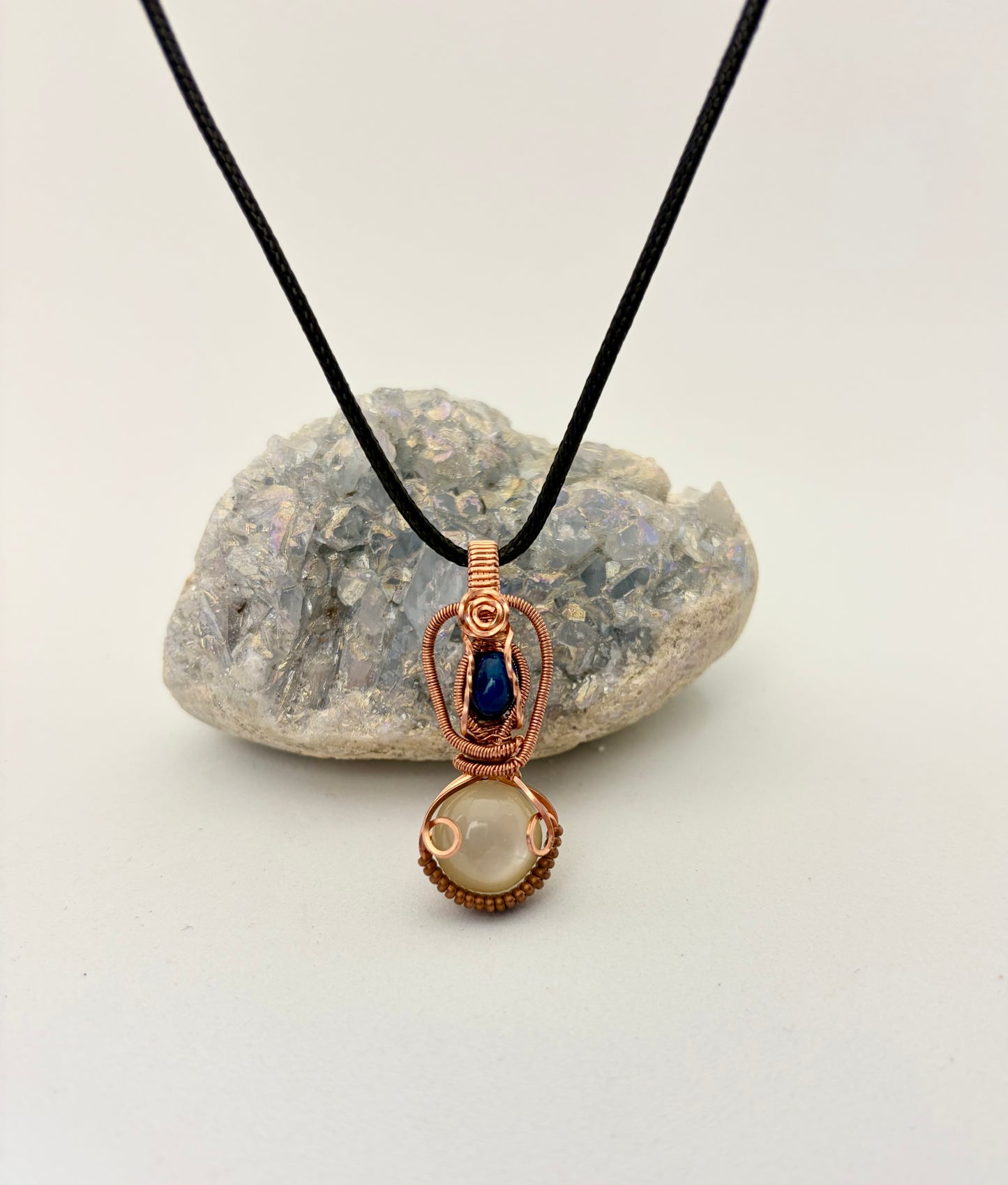 Blue Opal & Moonstone Wire Wrapped Pendant | Handmade Copper Necklace
