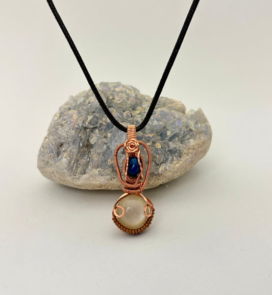Blue Opal & Moonstone Wire Wrapped Pendant | Handmade Copper Necklace