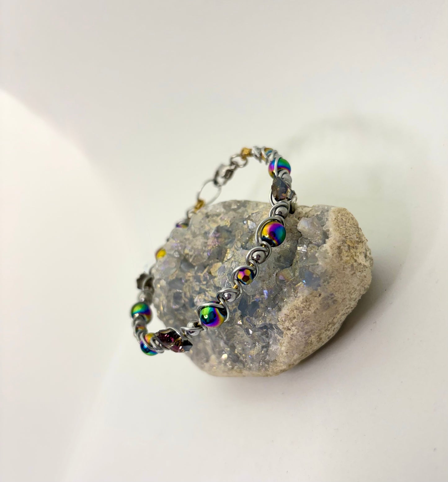 Rainbow Orbit Wire Wrapped Bracelet | Silver Handmade Beaded Jewelry