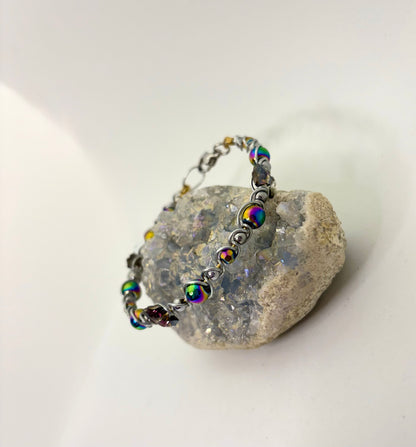Rainbow Orbit Wire Wrapped Bracelet | Silver Handmade Beaded Jewelry