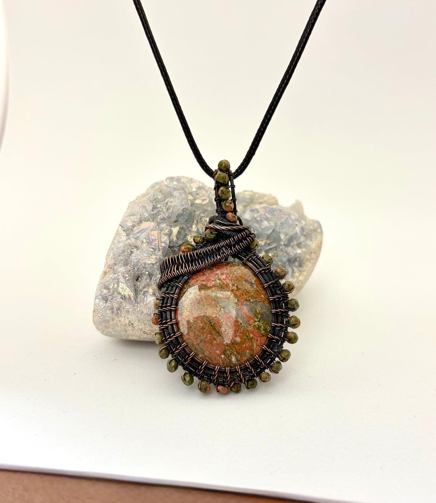 Unakite Jasper Wire Wrapped Pendant | Copper & Beaded Handmade Necklace
