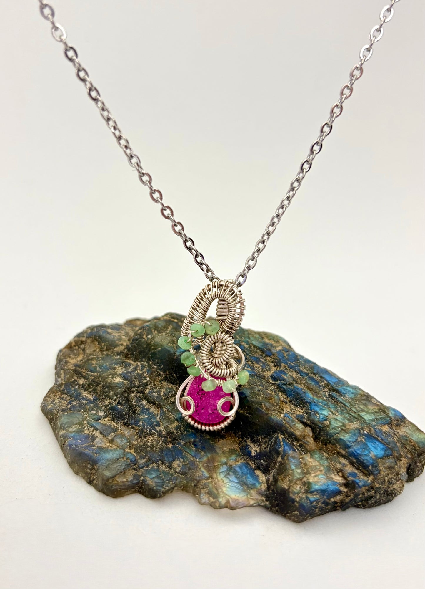 Wire Wrapped Sparkly Pink Druzy Gemstone Necklace, Sterling Silver Wire
