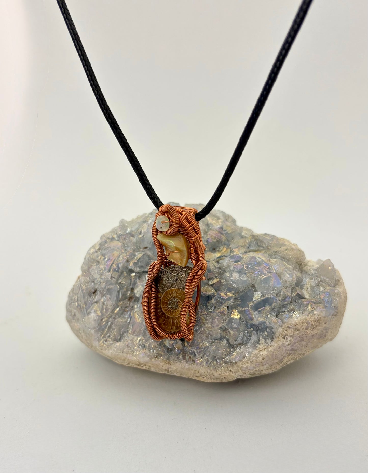 Wire Wrapped Ammonite Fossil with Opal Accents Necklace, Copper Wire