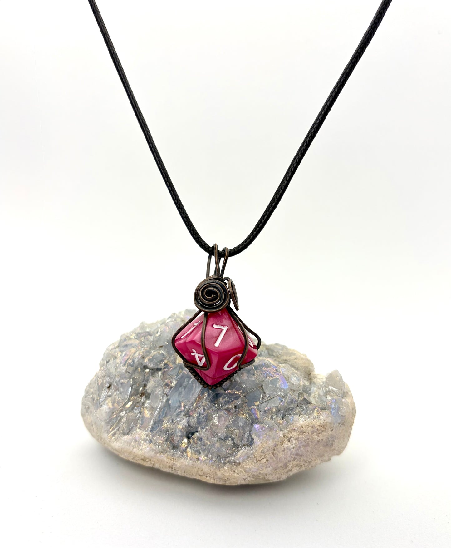 Pink D10 Dice Pendant | Wire Wrapped Copper Necklace for Gamers