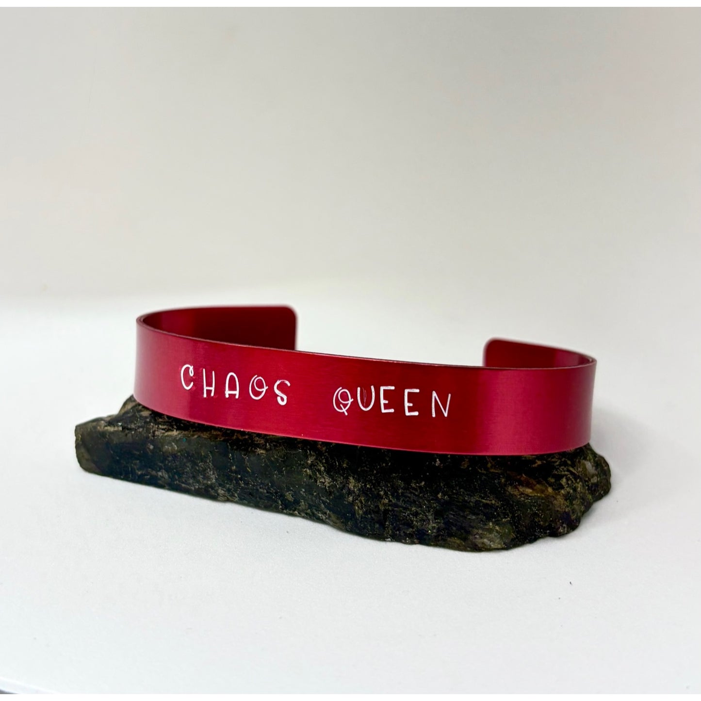 Chaos Queen Red Aluminum Cuff Bracelet — Bold Hand Stamped Statement Jewelry
