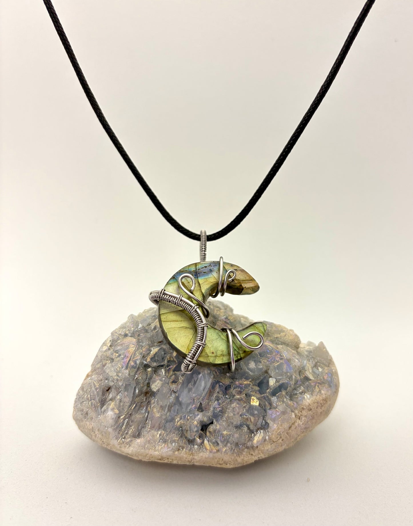 Labradorite Crescent Moon Wire Wrapped Pendant - Stainless Steel Wire