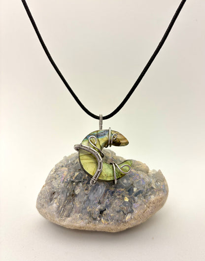 Labradorite Crescent Moon Wire Wrapped Pendant - Stainless Steel Wire