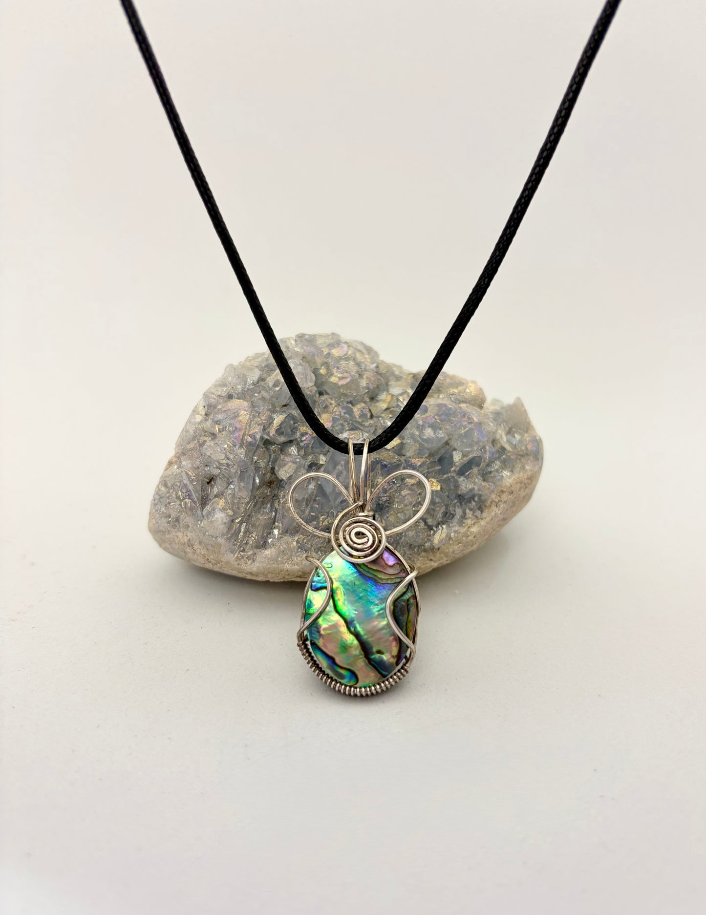 Wire Wrapped Abalone Shell Gemstone  Necklace, Sterling Silver Wire