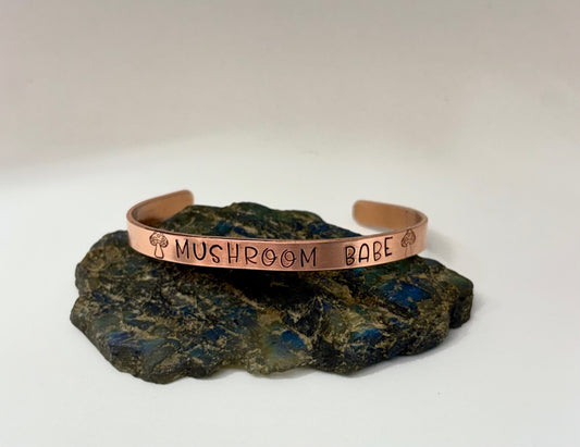 Mushroom Babe Bracelet – Hand-Stamped Copper Cottagecore Cuff Jewelry