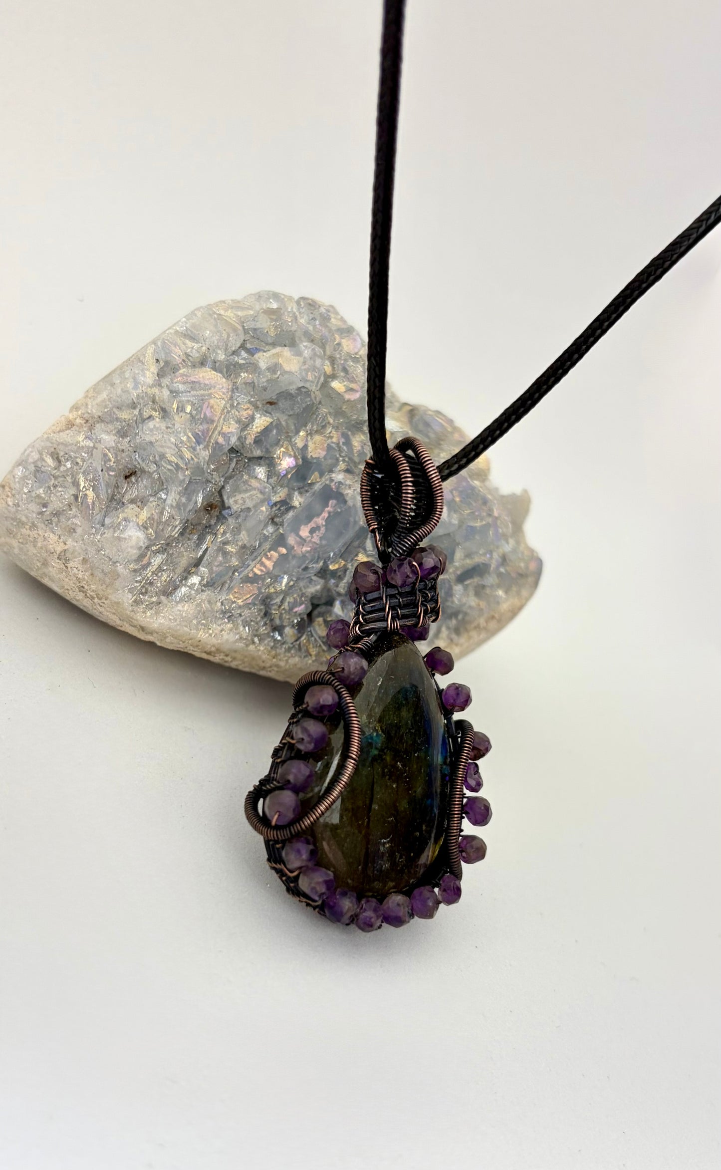 Labradorite & Amethyst Wire Wrapped Pendant | Copper & Crystal Necklace