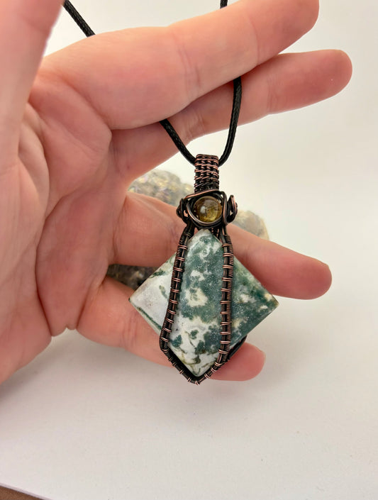 Moss Agate & Citrine Wire Wrapped Pendant | Handmade Copper Necklace