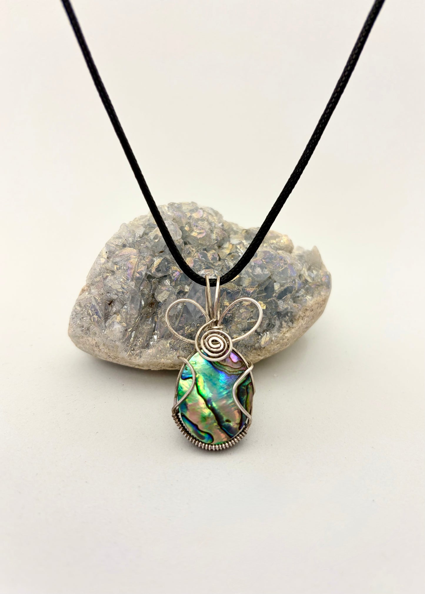 Wire Wrapped Abalone Shell Gemstone  Necklace, Sterling Silver Wire