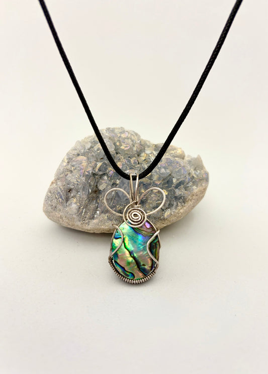Wire Wrapped Abalone Shell Gemstone  Necklace, Sterling Silver Wire