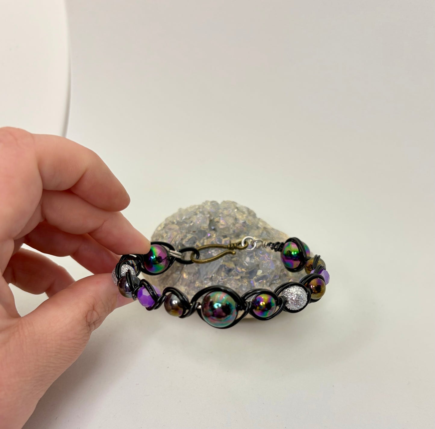 Cosmic Night Wire Wrapped Bracelet | Handmade Galaxy Bead Jewelry