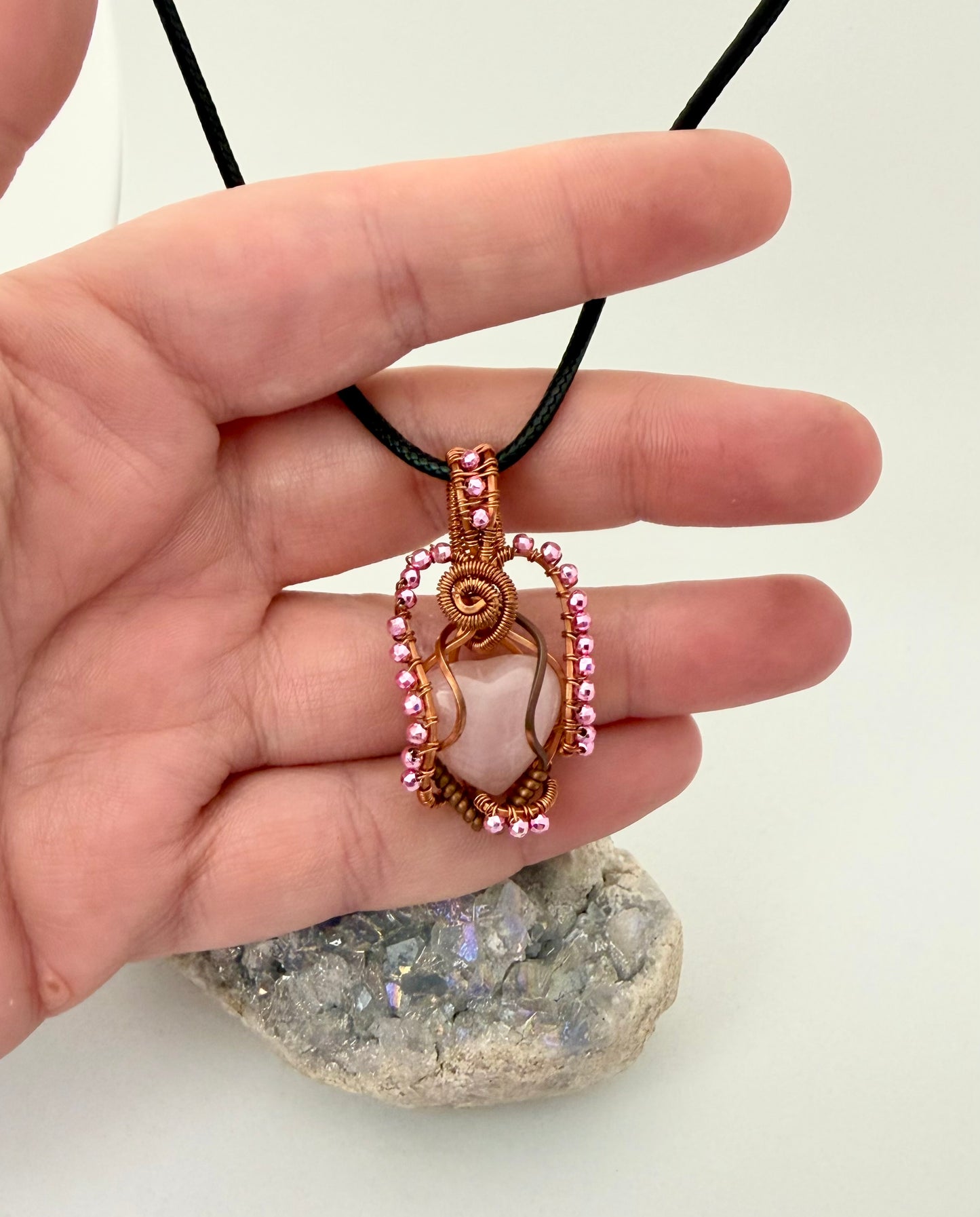 Wire Wrapped Rose Quartz Heart Necklace, Copper Wire