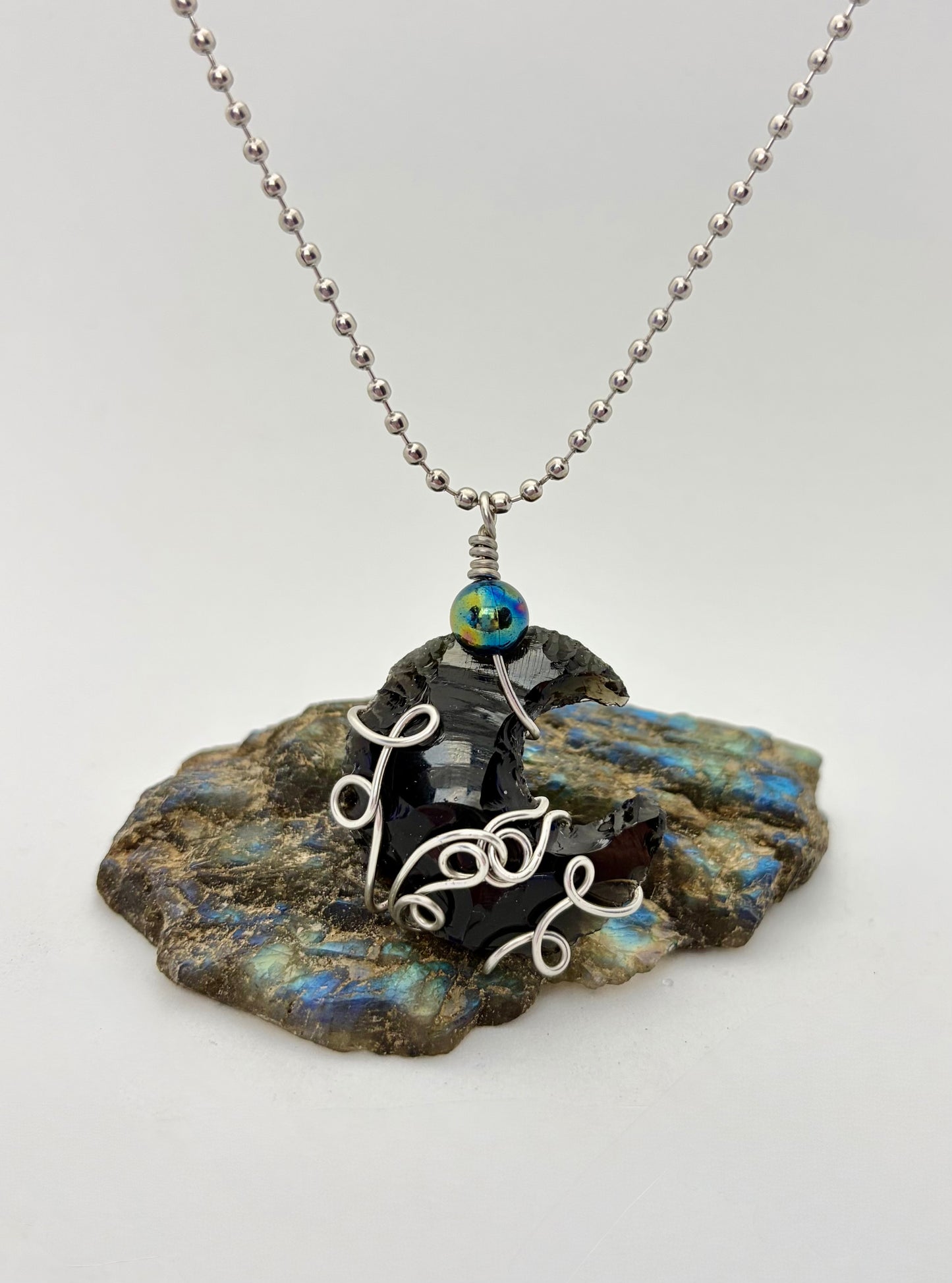 Dark Moon Rising – Stainless Steel Wire Wrapped Obsidian Crescent Necklace