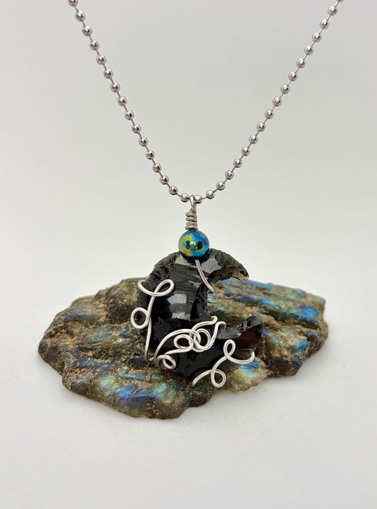 Dark Moon Rising – Stainless Steel Wire Wrapped Obsidian Crescent Necklace