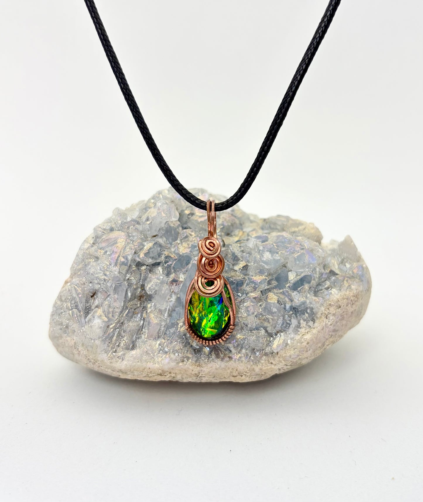 Wire Wrapped Resin Faux Opal Necklace, Copper Wire