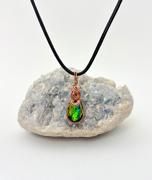 Wire Wrapped Resin Faux Opal Necklace, Copper Wire