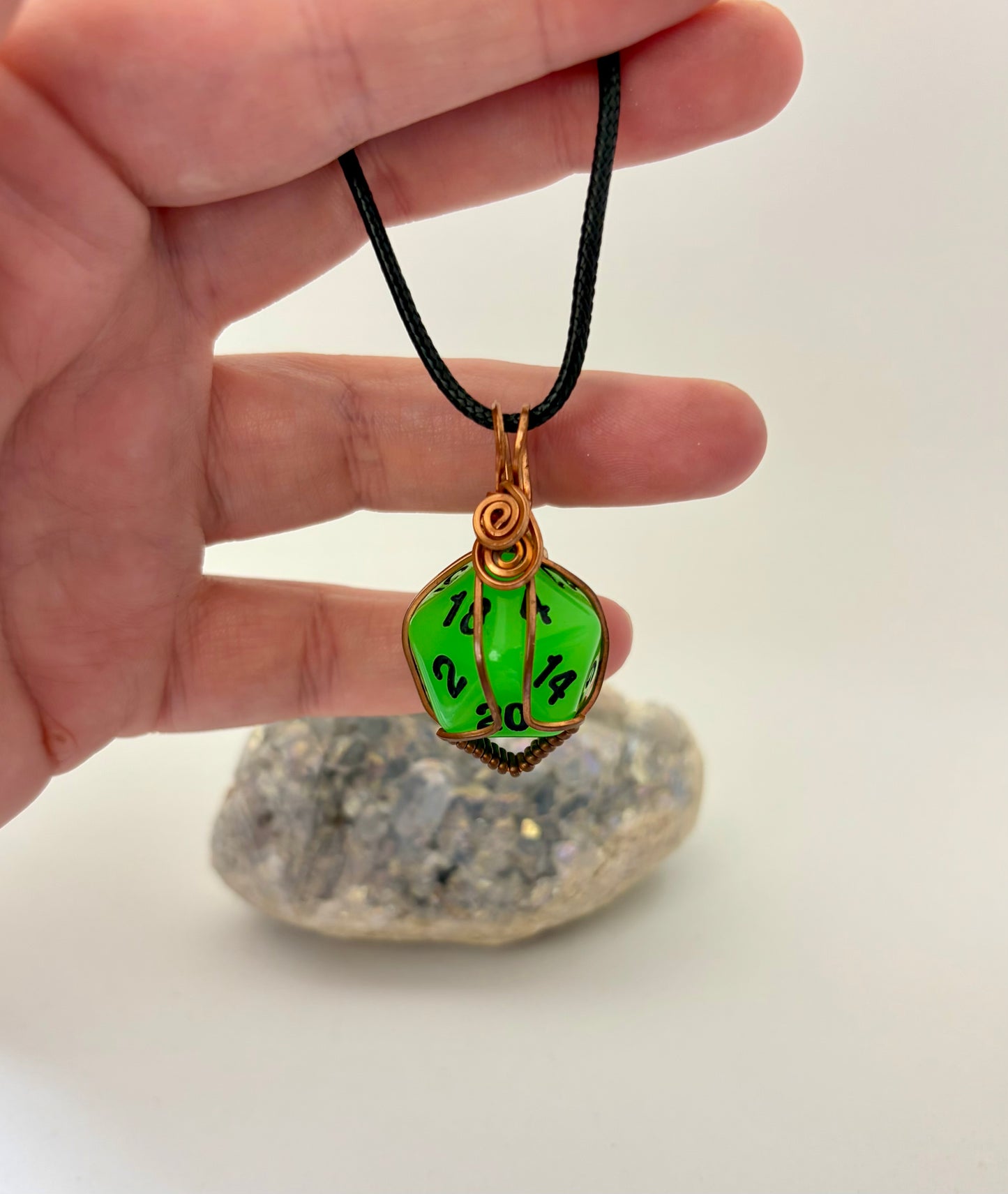 Green D20 Dice Pendant | Copper Wire Wrapped Gamer Necklace