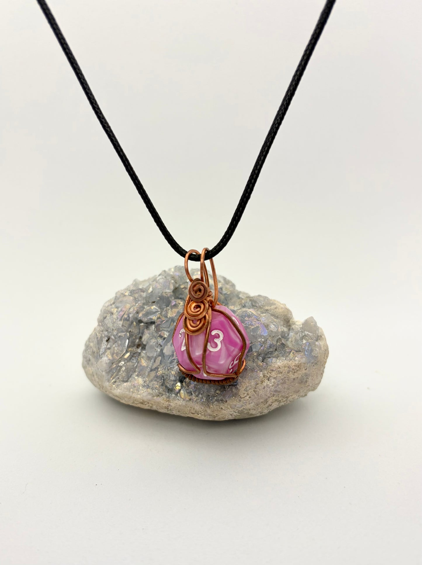 Pink D12 Dice Pendant | Wire Wrapped Copper Necklace for Gamers