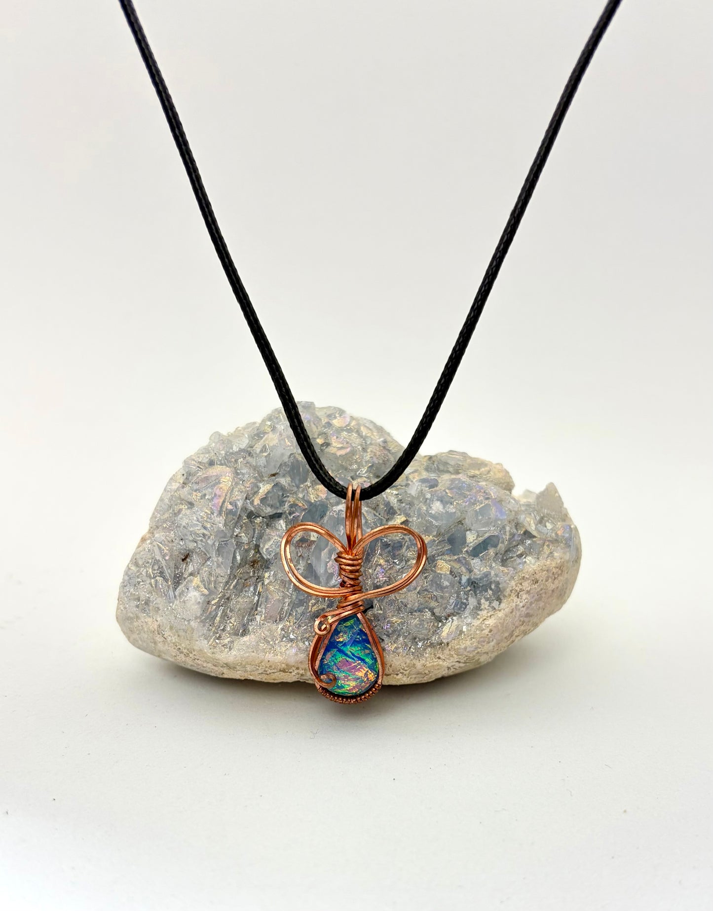 Wire Wrapped Resin Faux Opal Necklace, Copper Wire