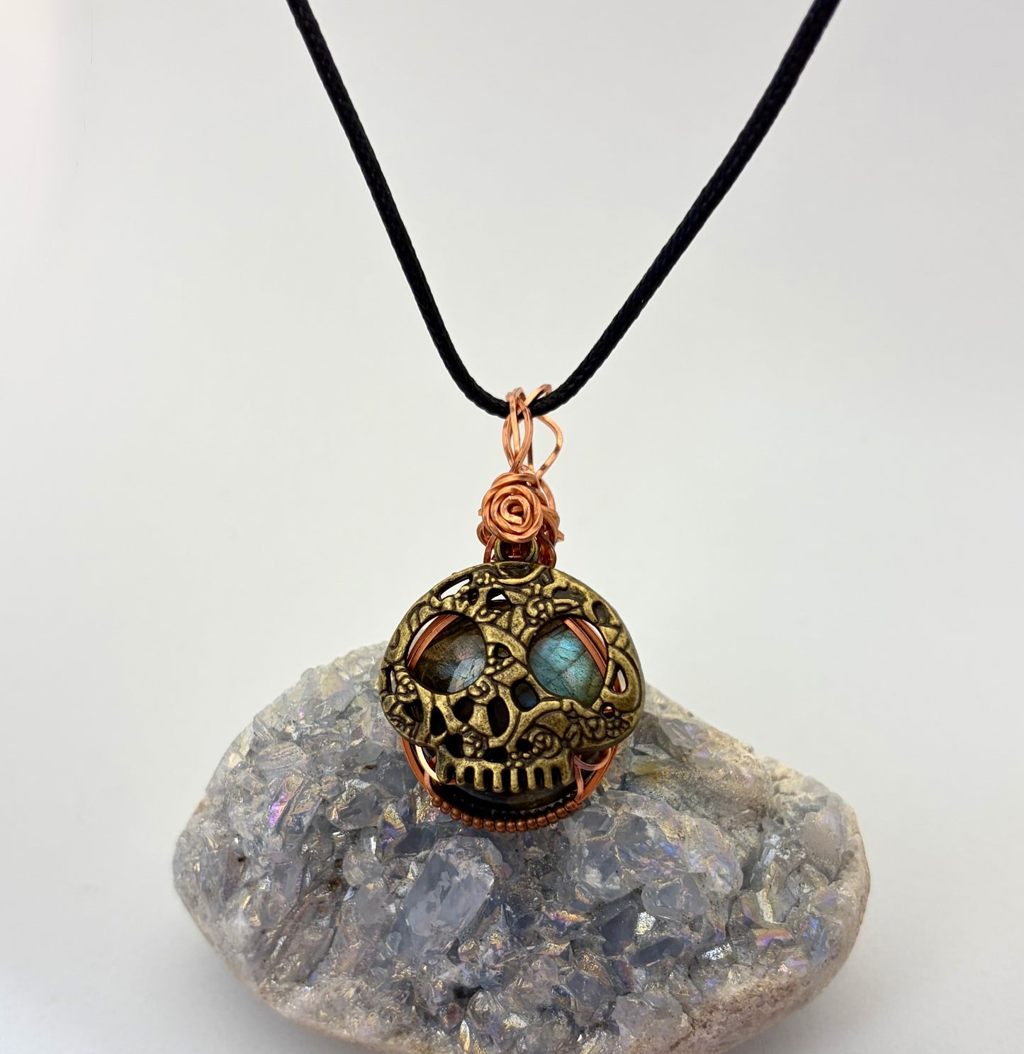 Labradorite Skull Pendant | Copper Wire Wrapped Necklace