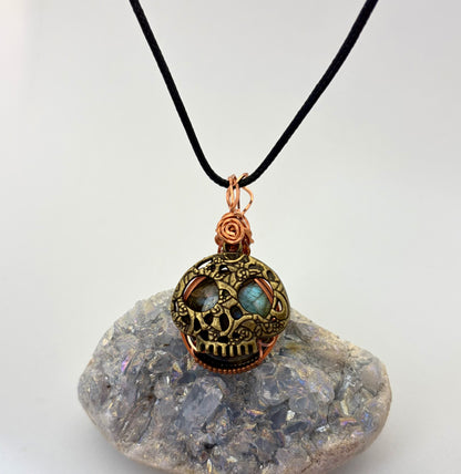 Labradorite Skull Pendant | Copper Wire Wrapped Necklace