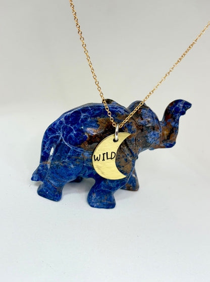 Wild Crescent Moon Necklace – Brass Hand Stamped Pendant for Boho & Nature Lovers