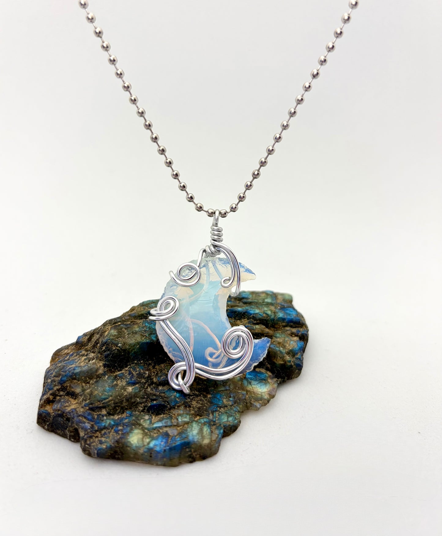 Lunar Glow” – Silver Aluminum Wire Wrapped Opalite Crescent Necklace