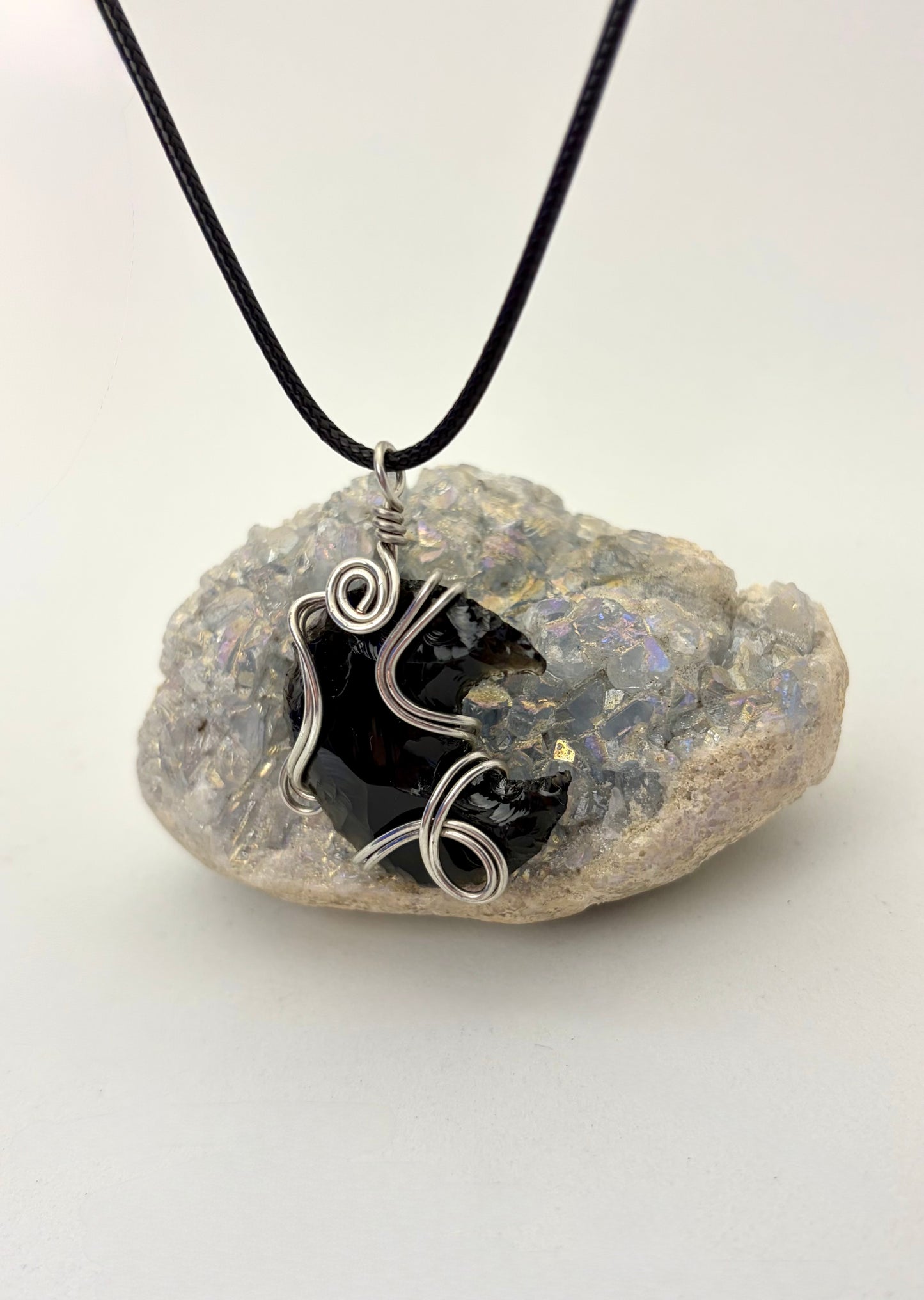 Shadow Spark” – Stainless Steel Wire Wrapped Obsidian Necklace
