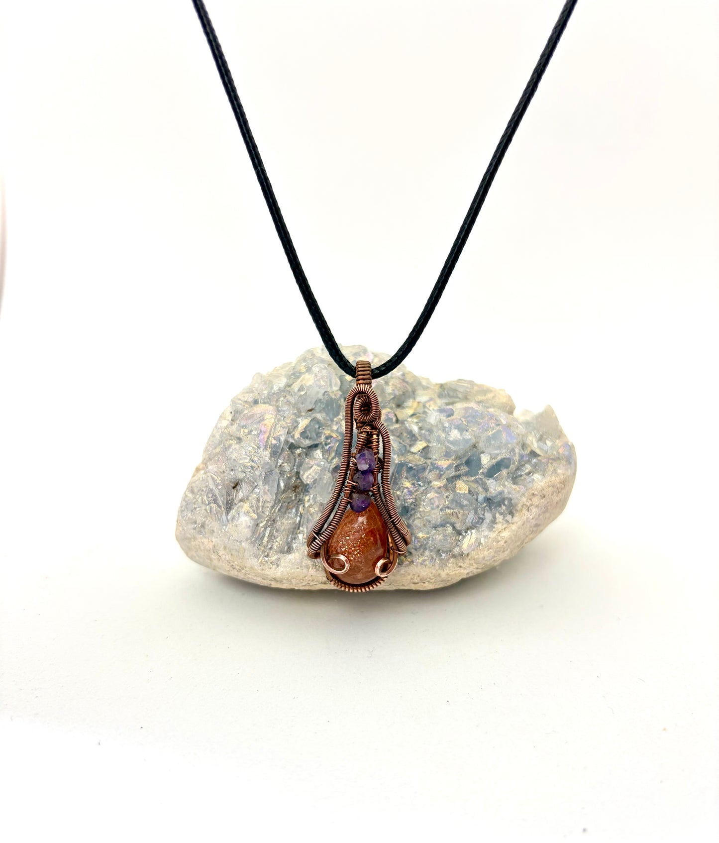 Sunbeam & Starlight – Copper Wire Wrapped Goldstone + Amethyst Pendant