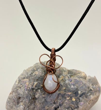 Rainbow Moonstone Wire Wrapped Pendant | Handmade Copper Necklace