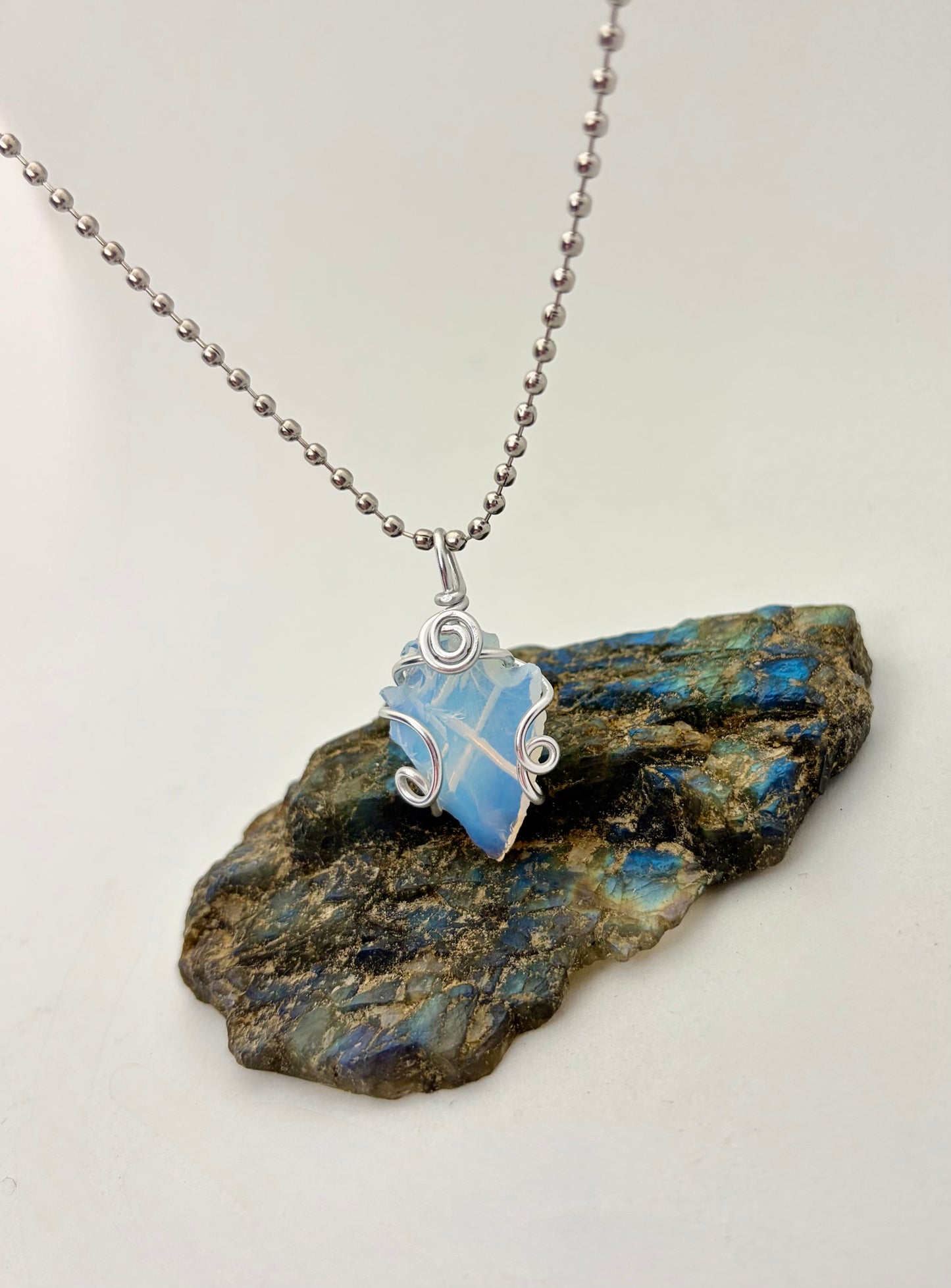 Moonlit Arrow – Opalite Arrowhead Wrapped in Silver Aluminum Wire