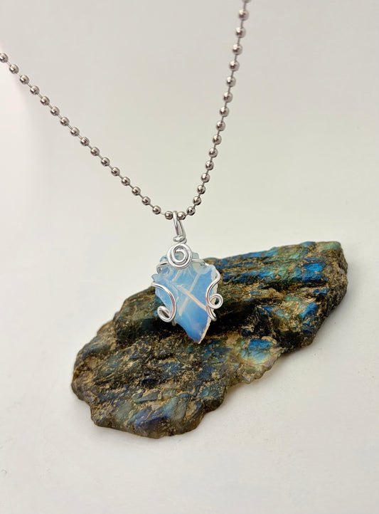 Moonlit Arrow – Opalite Arrowhead Wrapped in Silver Aluminum Wire