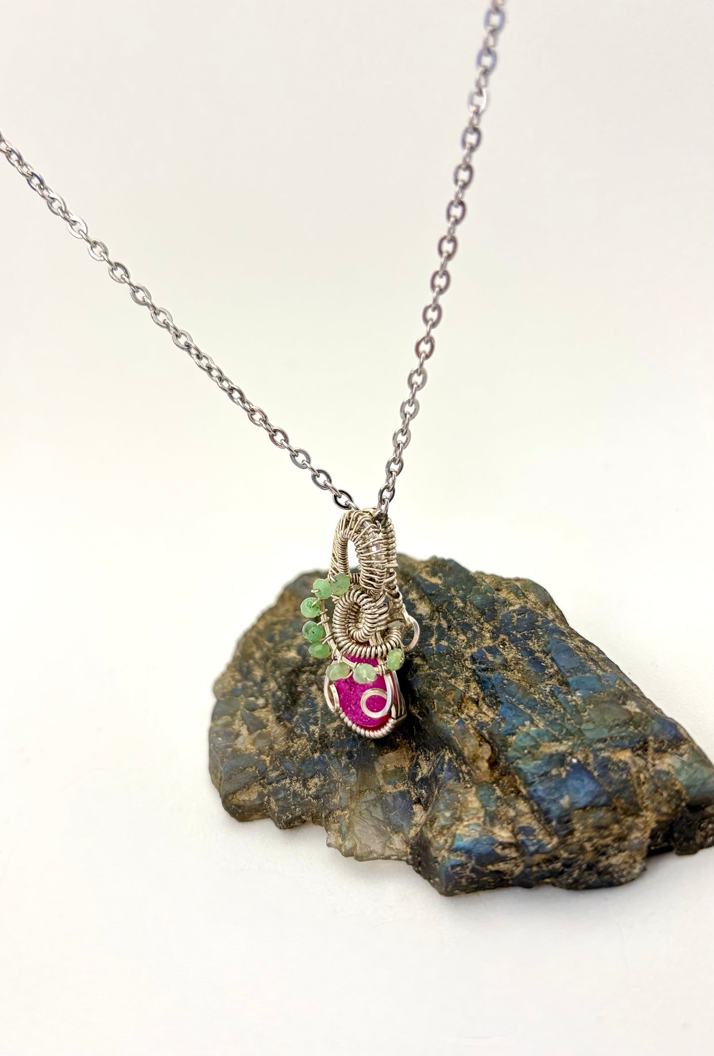 Wire Wrapped Sparkly Pink Druzy Gemstone Necklace, Sterling Silver Wire