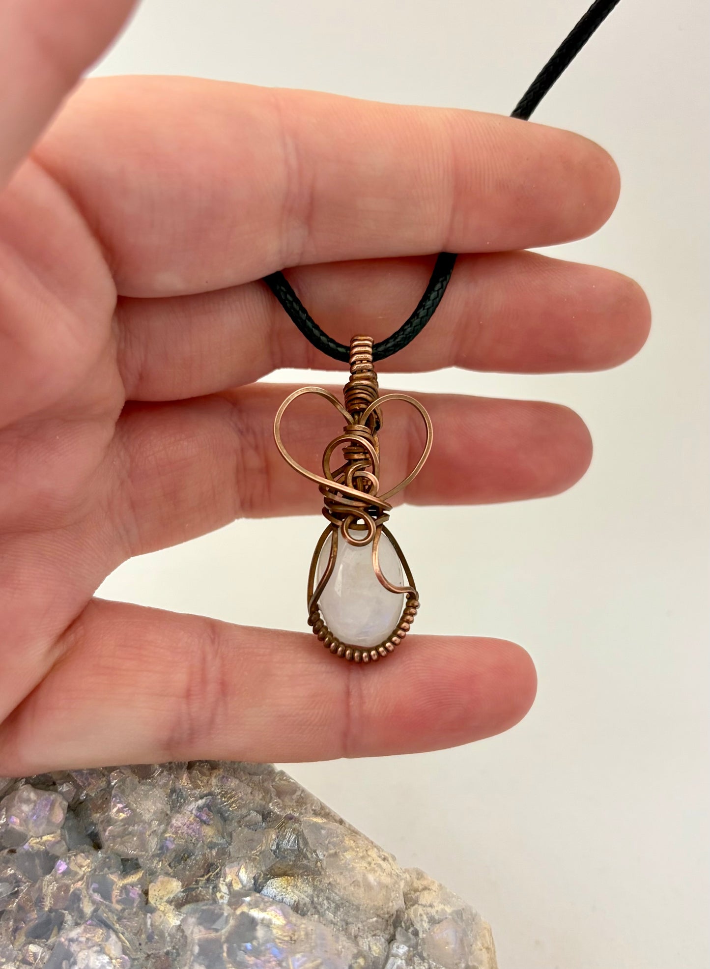 Rainbow Moonstone Wire Wrapped Pendant | Handmade Copper Necklace