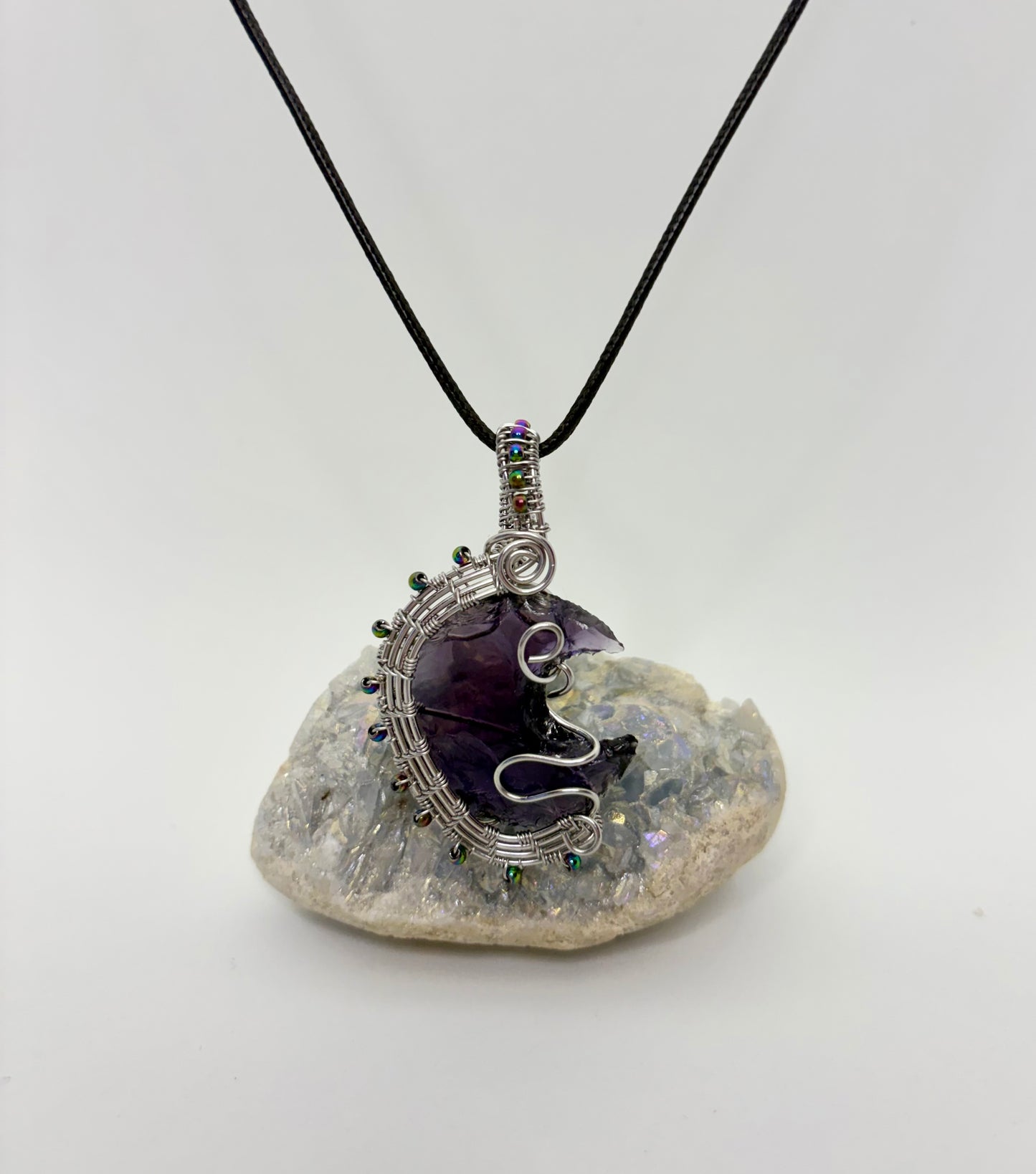 Purple Amethyst Crescent Moon Wire Wrapped Pendant - Stainless Steel Wire