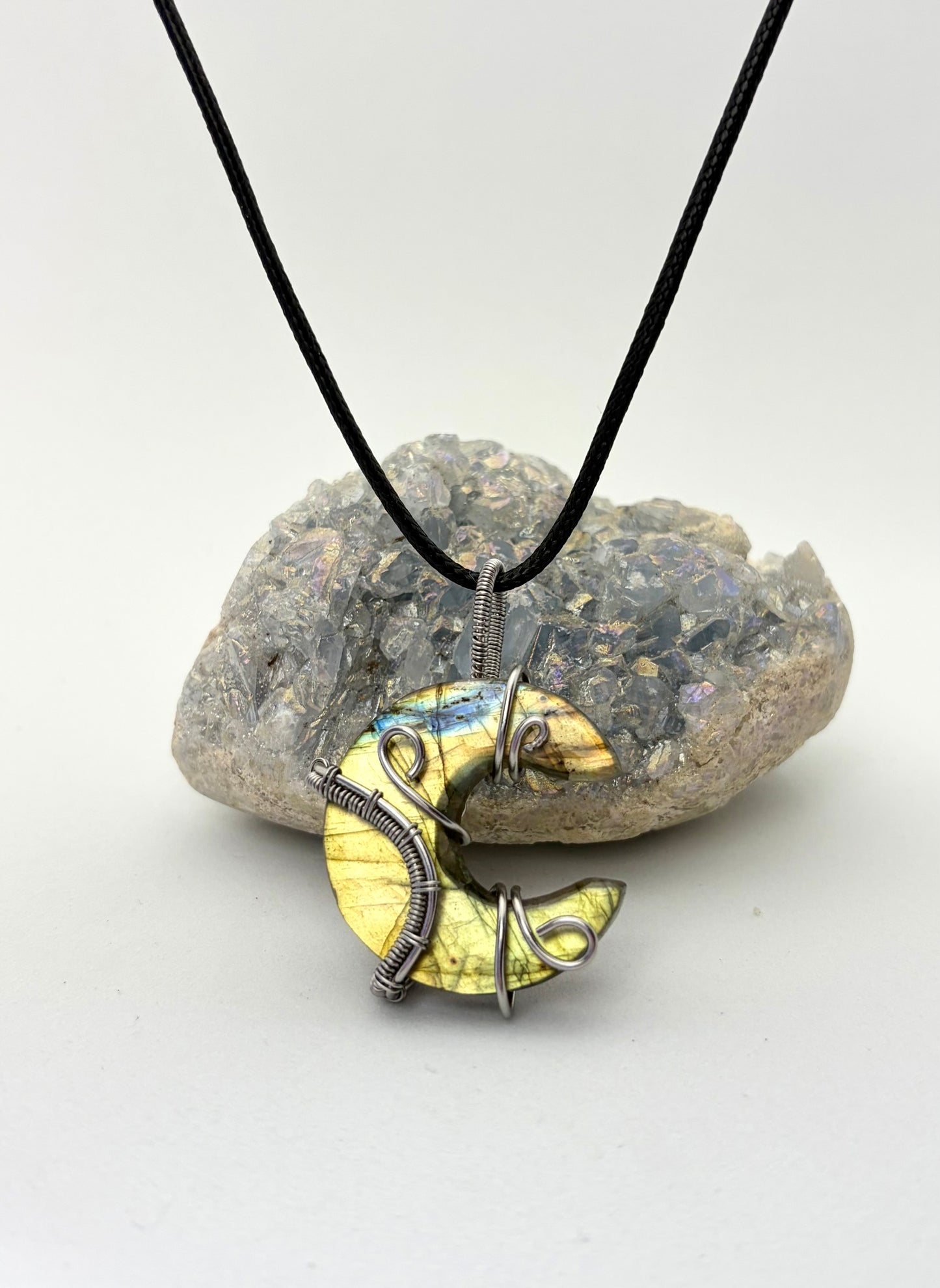 Labradorite Crescent Moon Wire Wrapped Pendant - Stainless Steel Wire
