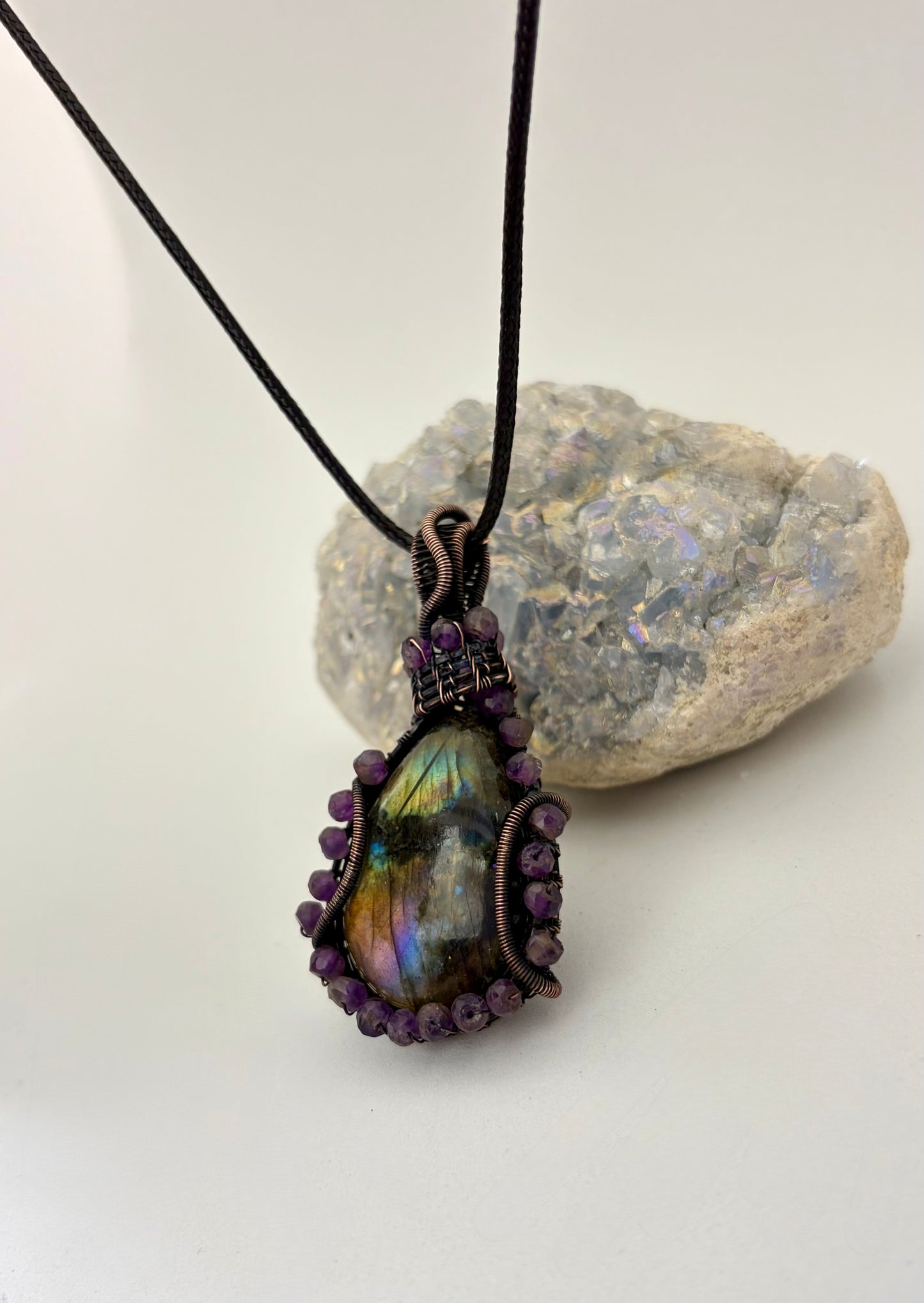Labradorite & Amethyst Wire Wrapped Pendant | Copper & Crystal Necklace