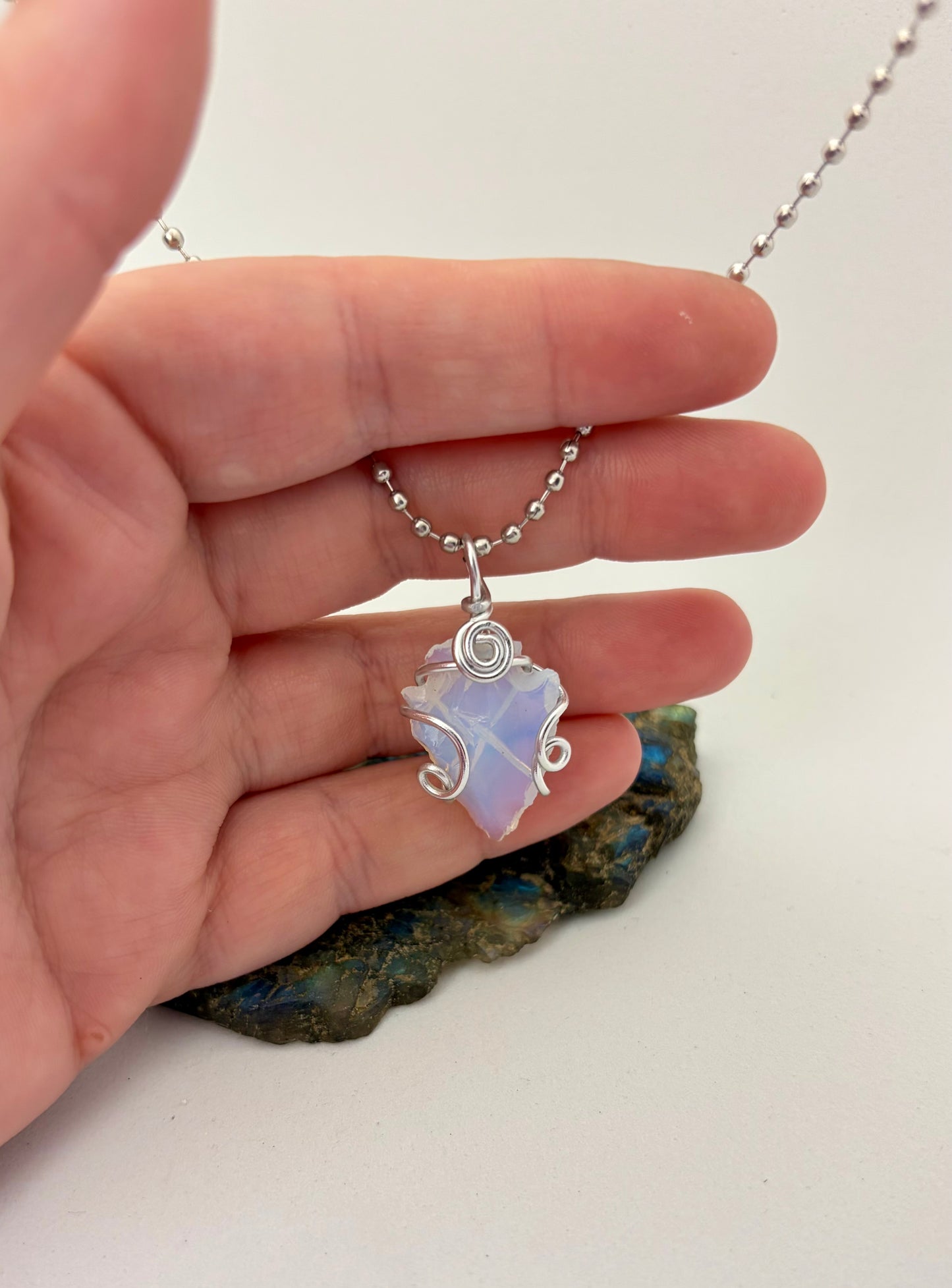 Moonlit Arrow – Opalite Arrowhead Wrapped in Silver Aluminum Wire