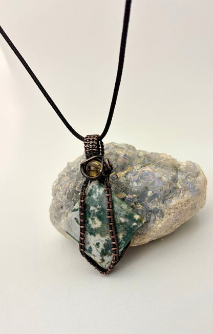 Moss Agate & Citrine Wire Wrapped Pendant | Handmade Copper Necklace