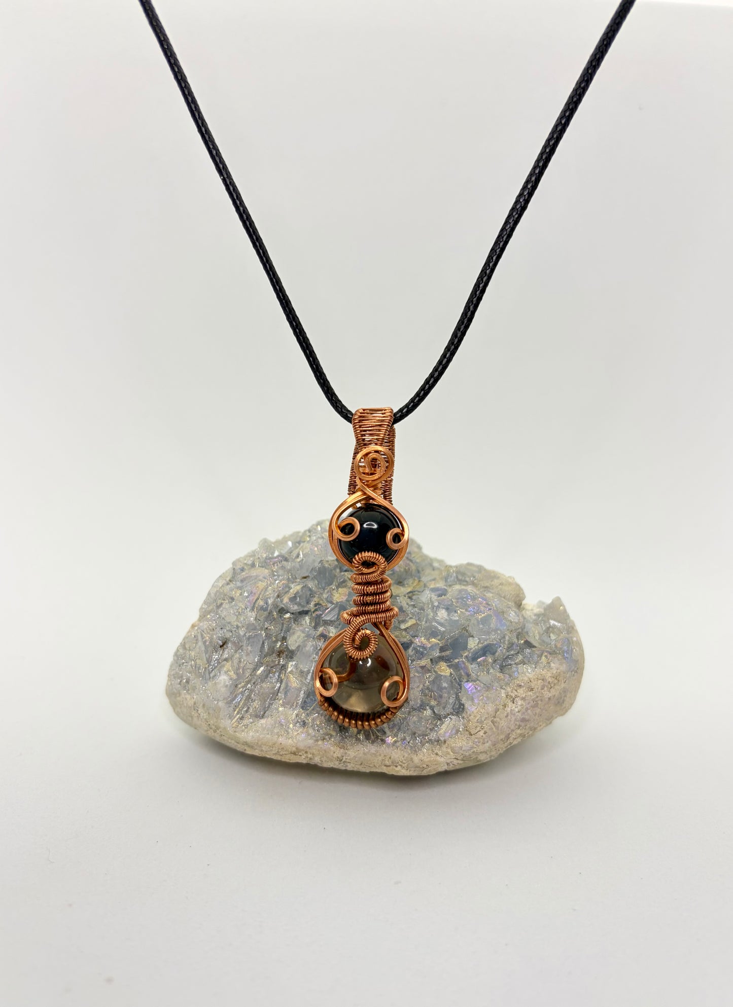 Wire Wrapped Smoky Quartz and Onyx Gemstone Necklace, Copper Wire