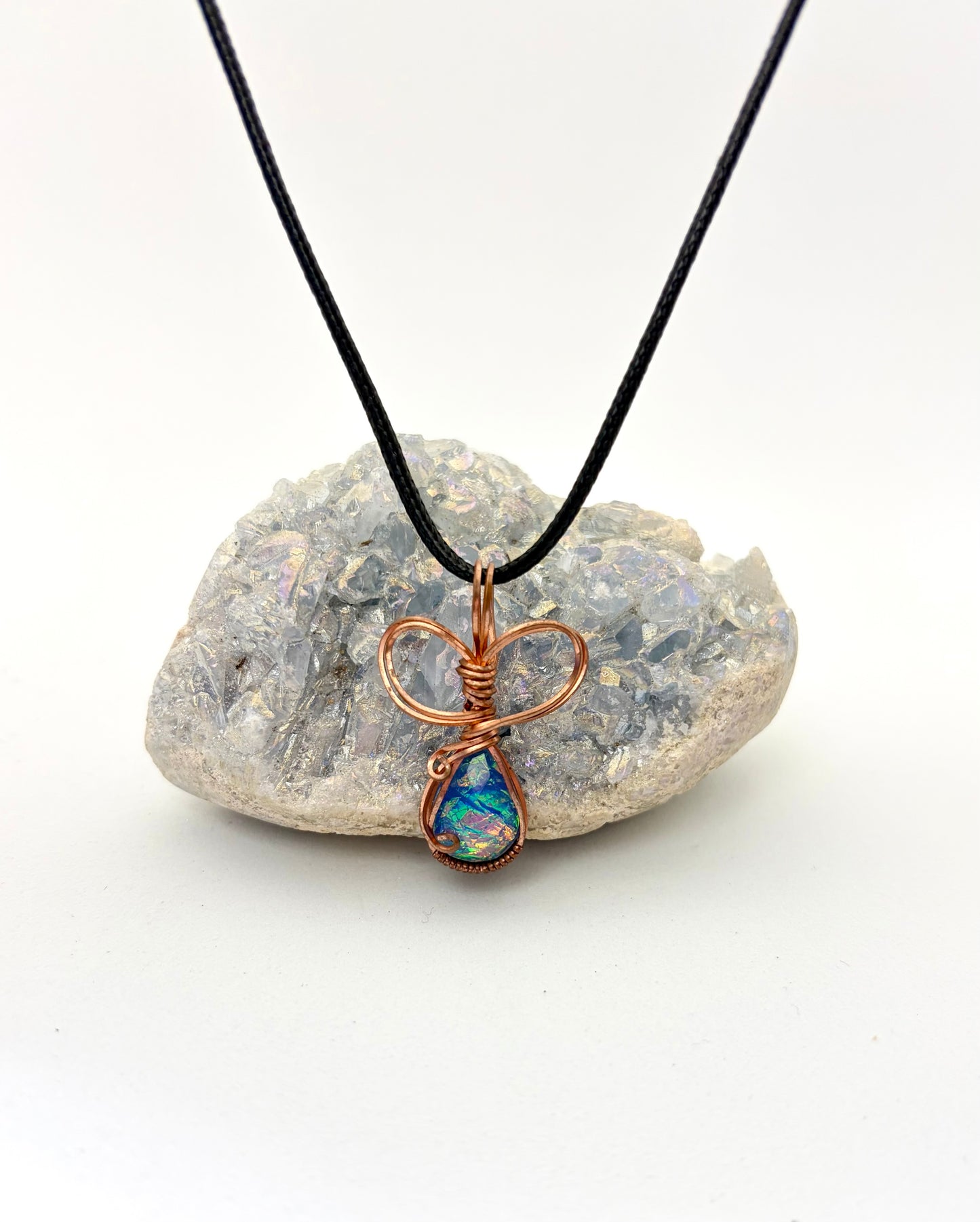 Wire Wrapped Resin Faux Opal Necklace, Copper Wire
