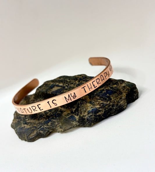 Nature Is My Therapy Bracelet – Rustic Hand-Stamped Copper Cuff