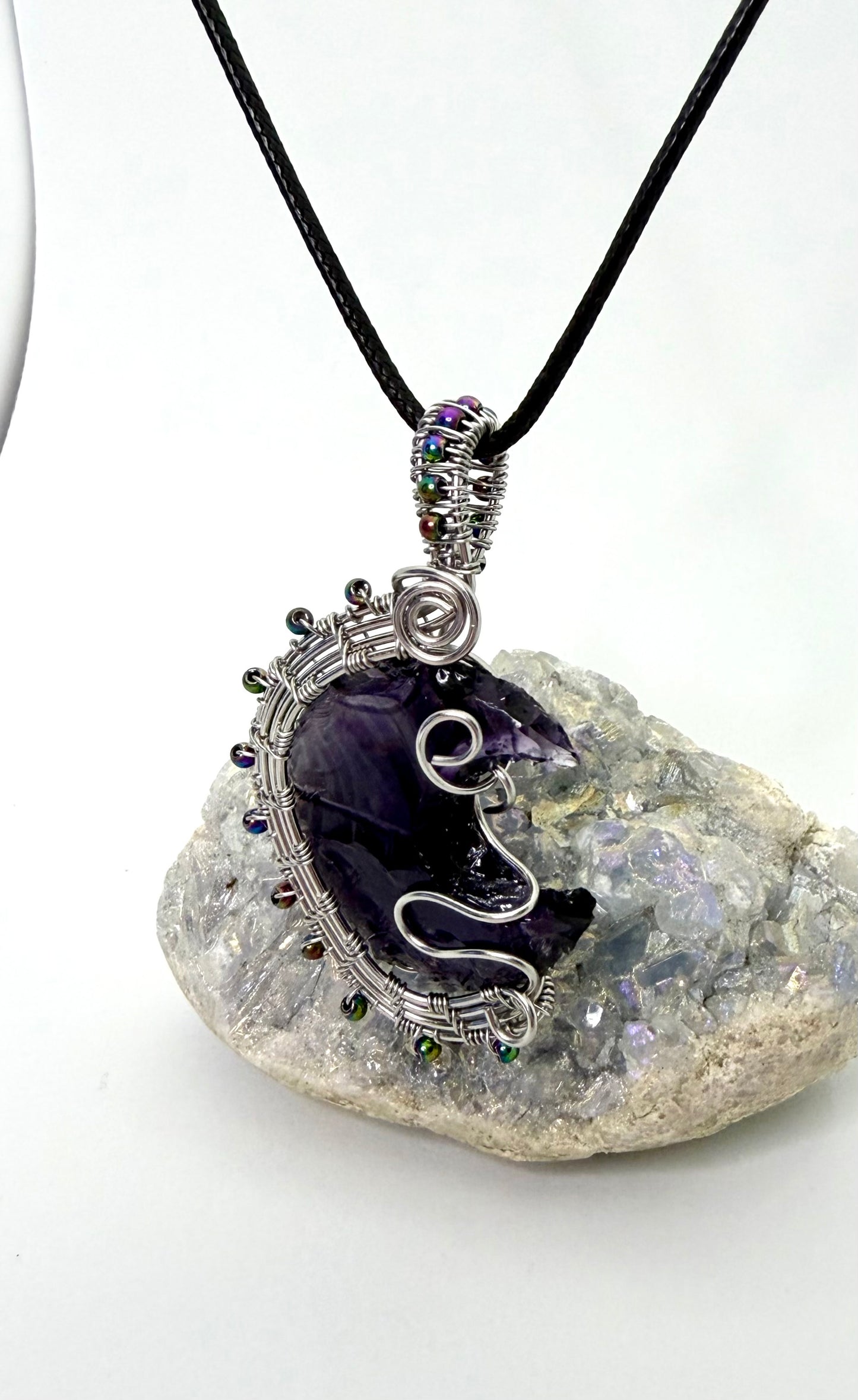 Purple Amethyst Crescent Moon Wire Wrapped Pendant - Stainless Steel Wire
