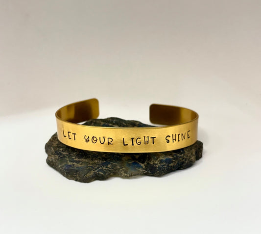 Let Your Light Shine Gold Aluminum Cuff Bracelet — Inspirational Hand Stamped Jewelry