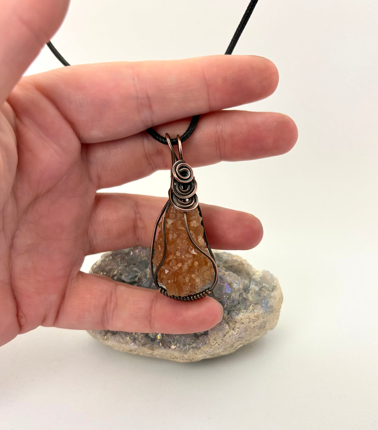 Aragonite Star Cluster Wire Wrapped Pendant | Handmade Copper Necklace