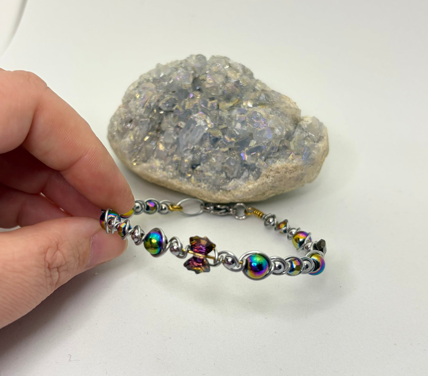 Rainbow Orbit Wire Wrapped Bracelet | Silver Handmade Beaded Jewelry
